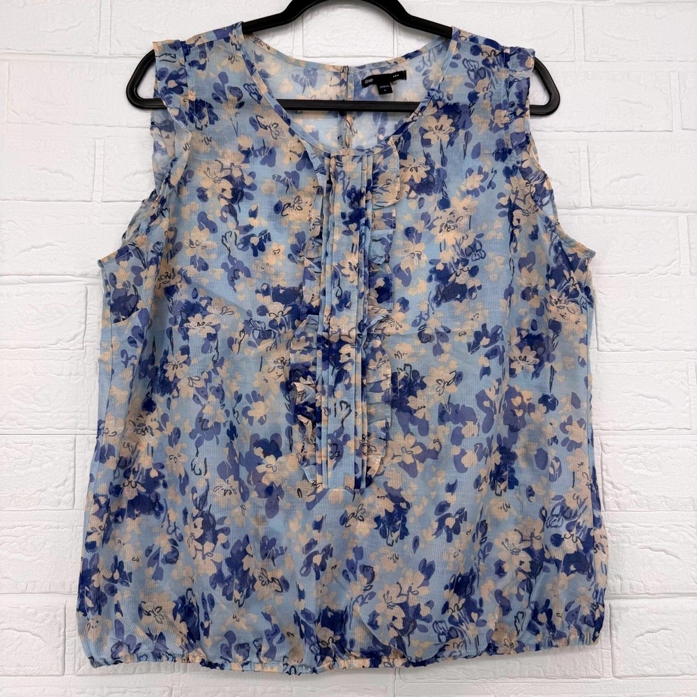 GAP Floral Top Womens L Blue Sheer Ruffle Front Sleeveless Blouse Elastic Hem